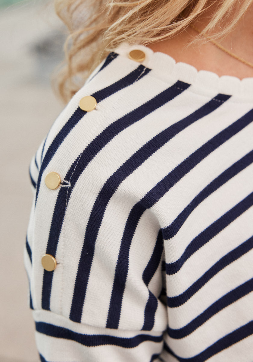Pull Femme marinière tricoté en france BEATO SONGE Lab zoom détail boutons