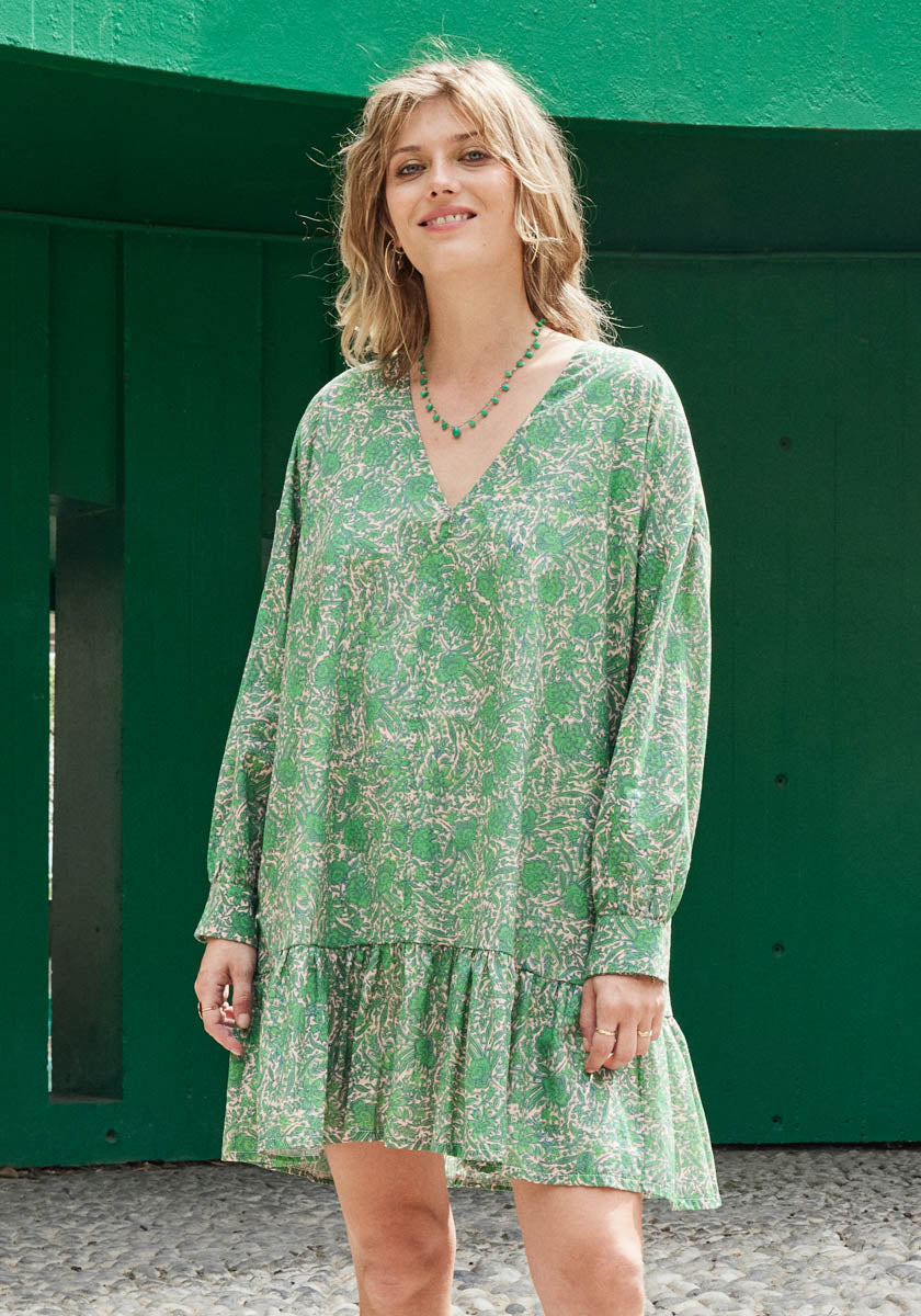 Robe courte col V manches longues ALAMO Green blossom SONGE Lab Made in France zoom face